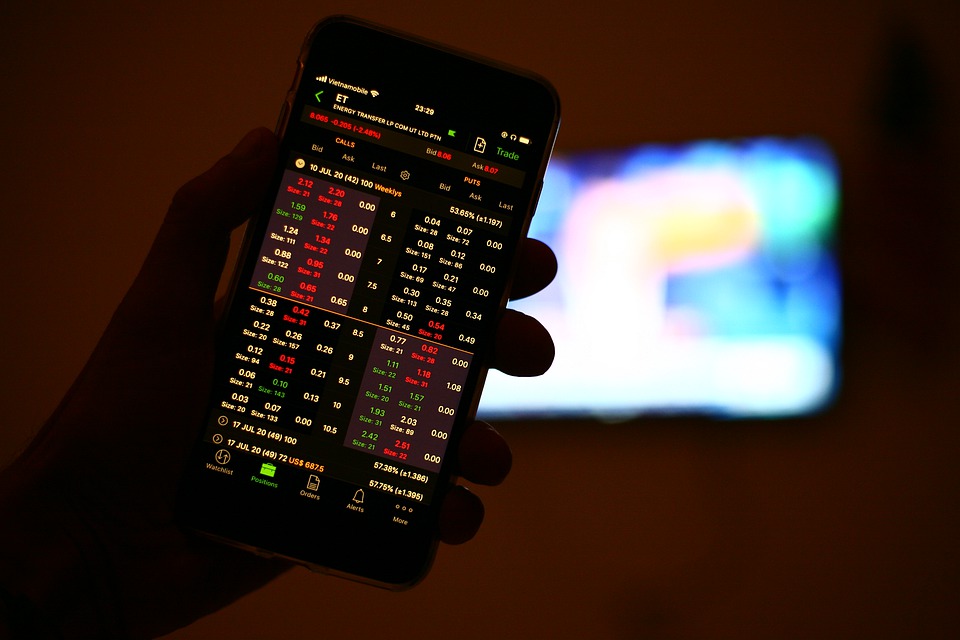 Phone displaying a trading chart with numbers showing market increases and decreases