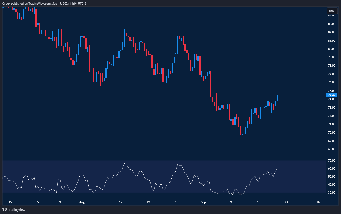 Brent oil rebounds from $73 amid rising demand prospects.