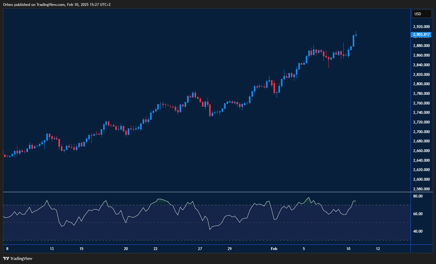 Gold peaks as XAUUSD tests resistance at 2900, bullish potential.