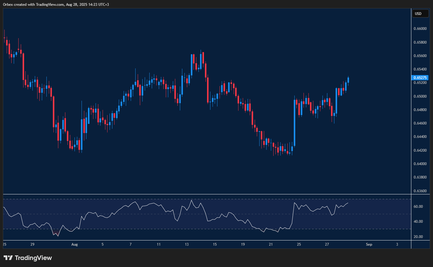 AUDUSD rises as buyers test resistance near recent highs.