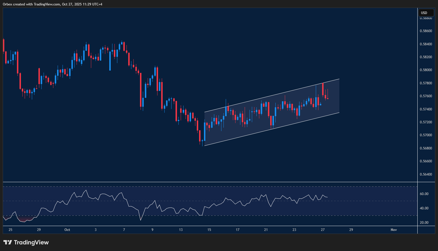 NZDUSD chart shows the pair rising within a bullish channel, reflecting stronger momentum against the US dollar.