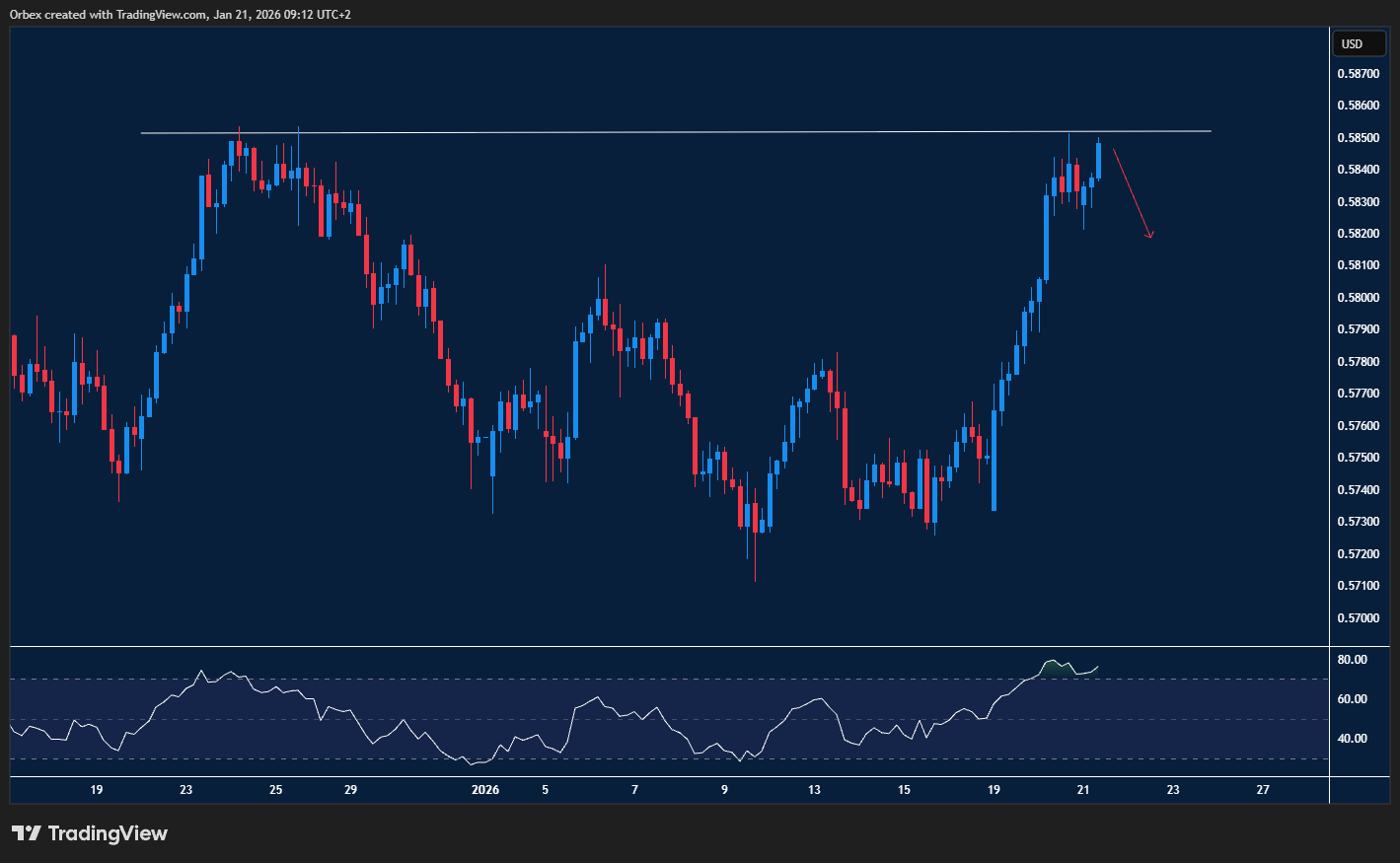 NZDUSD chart testing resistance in a volatile market.