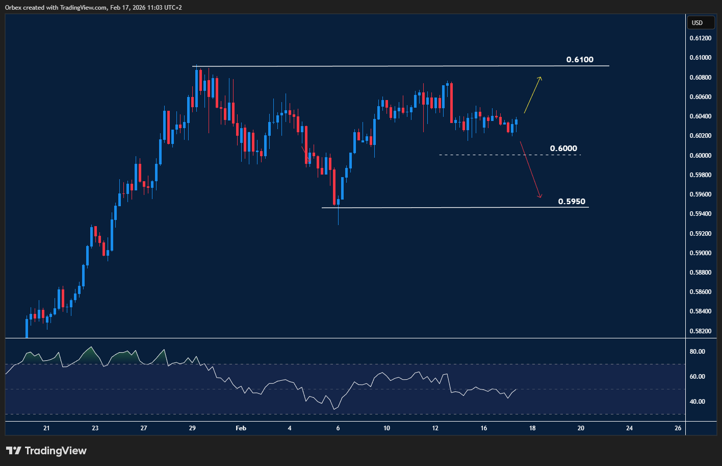 NZDUSD chart Pair consolidates above support following a breakout, with resistance capping further gains.