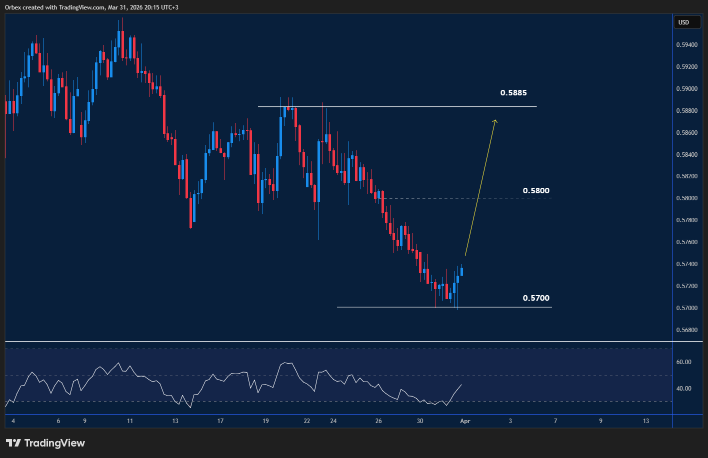 NZDUSD Chart: New Zealand dollar attempts a recovery after recent decline.