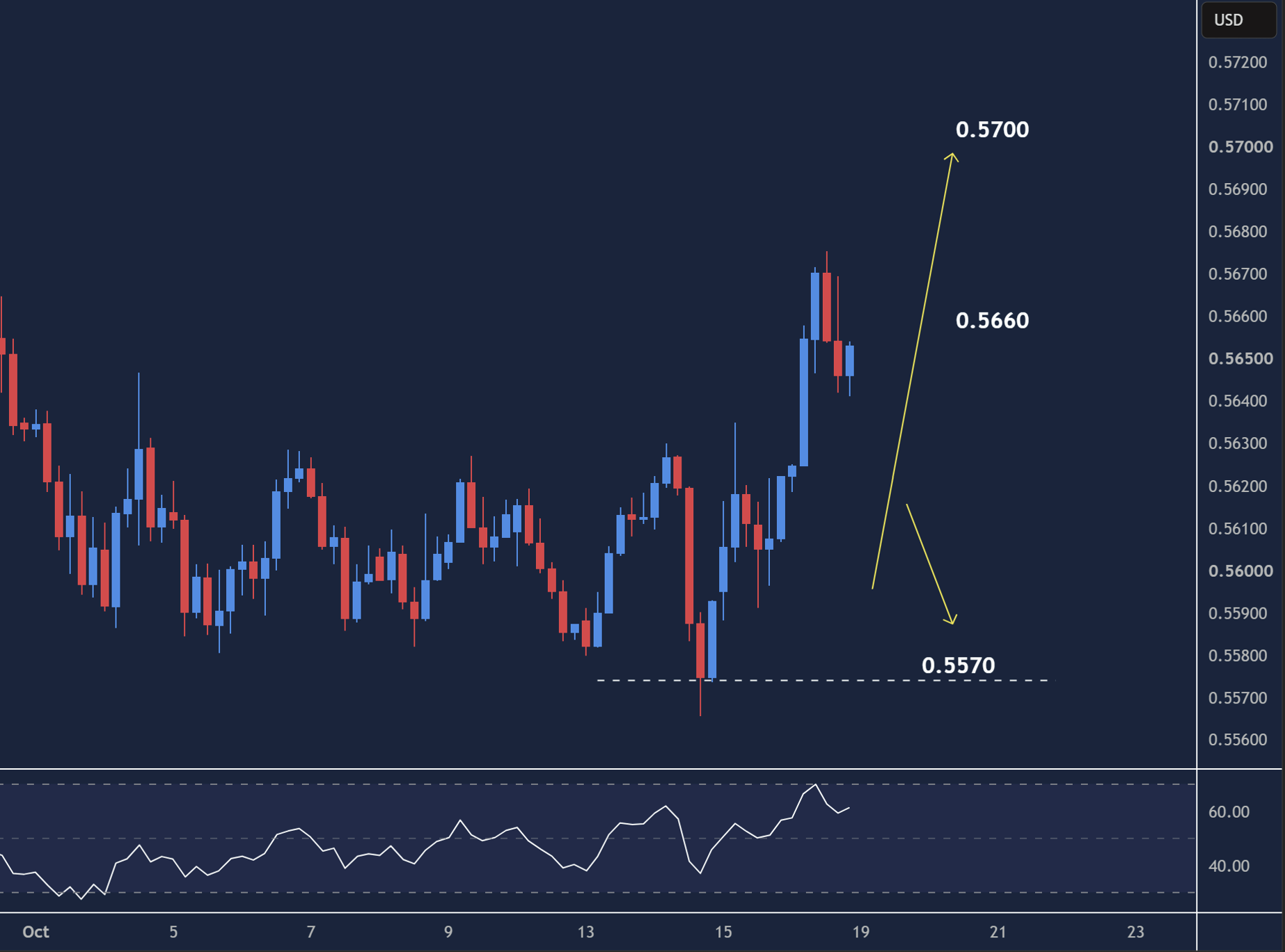 NZDUSD intraday chart displaying price trends and key support and resistance levels.